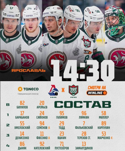 &laquo;Ак Барс&raquo; опубликовал состав на матч с &laquo;Локомотивом&raquo; в финале Кубка Гагарина