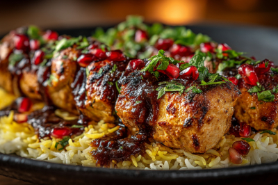 Шашлычки по-персидски: курица в пряностях и соусе фесенджун. Тайна аромата &mdash; в лепестках розы и грецких орехах