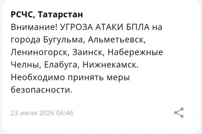 В семи городах Татарстана объявлена угроза атаки БПЛА после Казани и Зеленодольска
